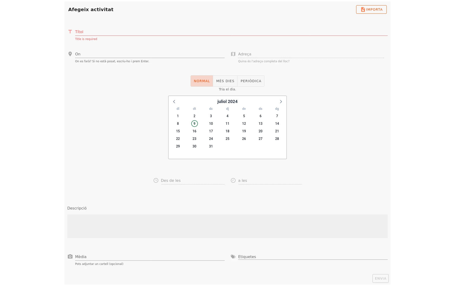 Formulari de publicació d'un nou esdeveniment