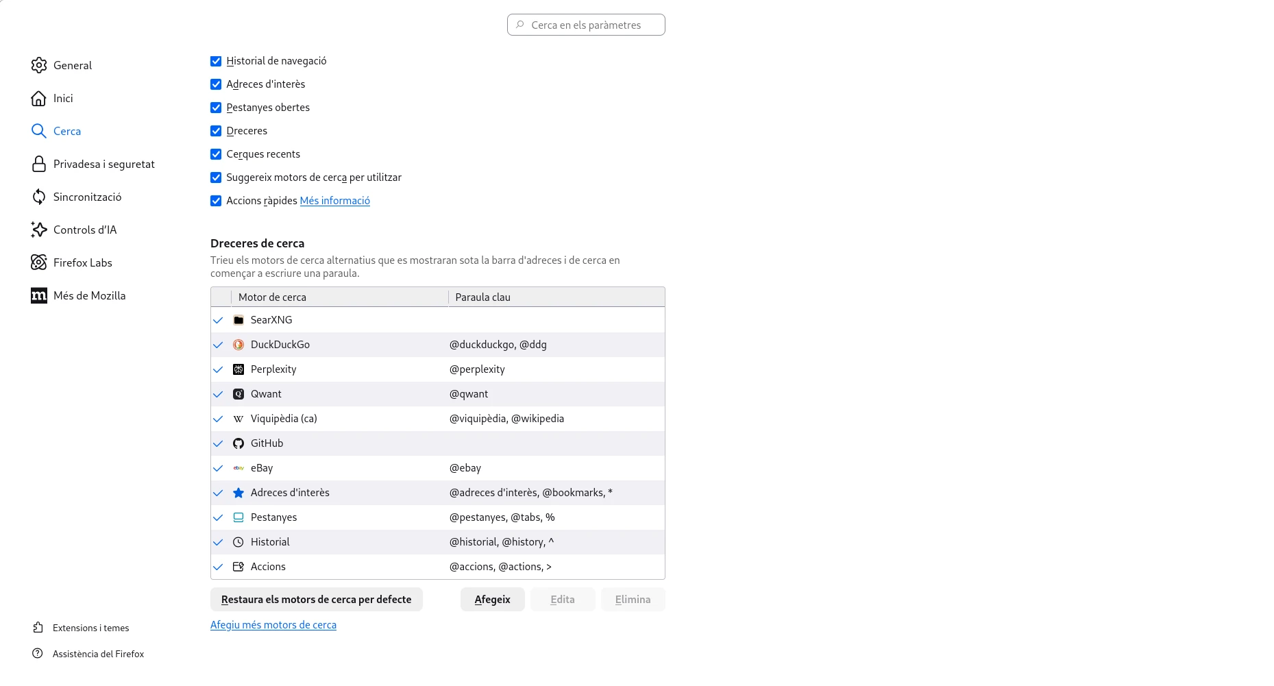 Configuració de dreceres de cerca de Firefox