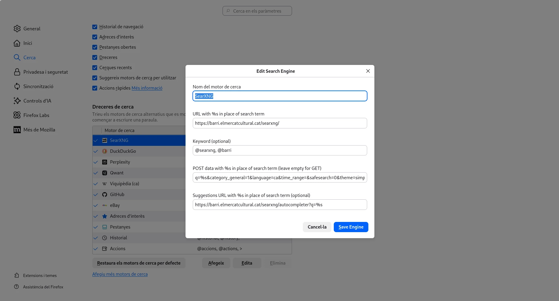 Configuració de SearXNG a Firefox
